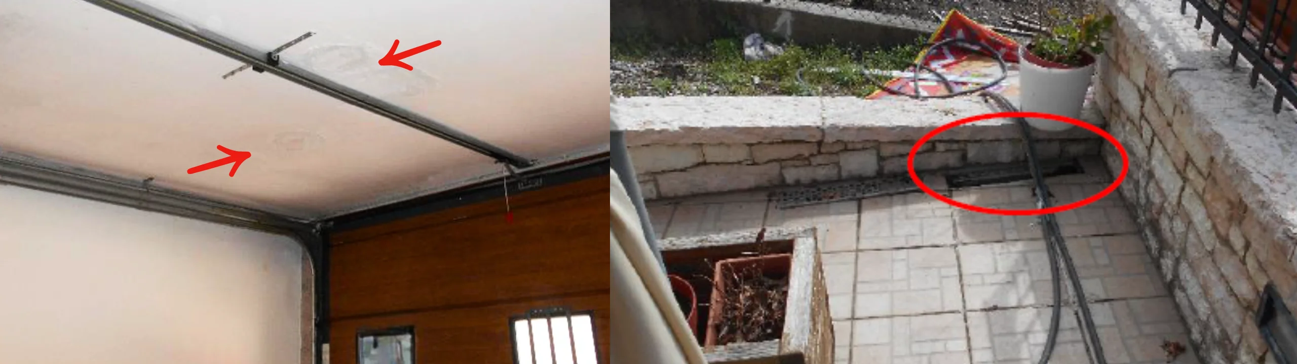 Macchie sul soffitto di un box, indicate con frecce rosse, e nel cortile soprastante la canalina cerchiata da cui passa l'acqua.