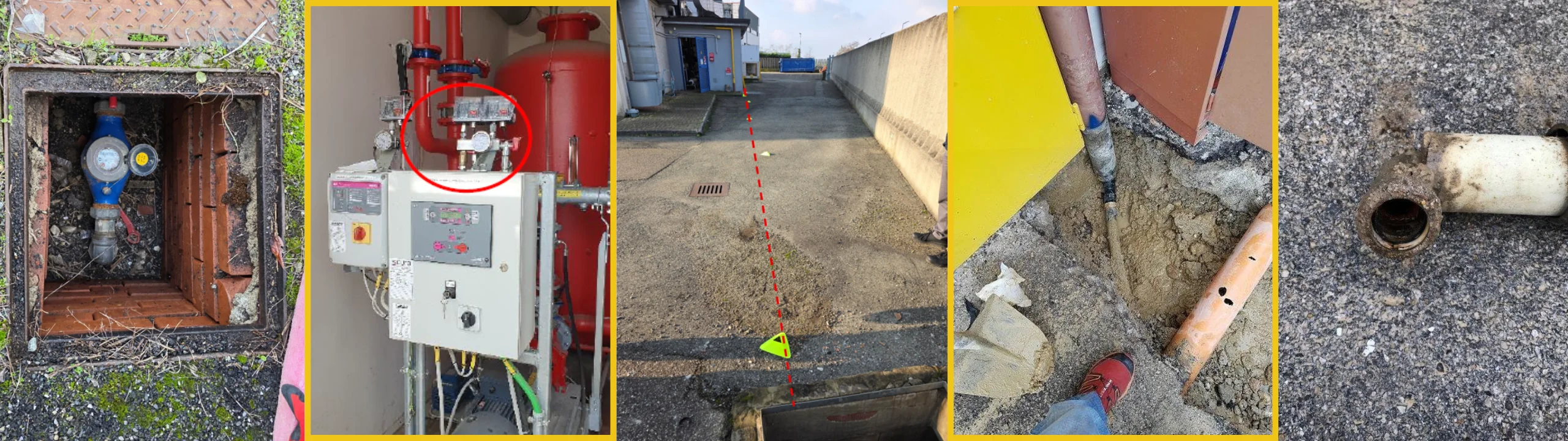 Ricerca di una perdita su rete antincendio interrata: il contatore nel pozzetto, il gruppo di pressurizzazione, il tracciato segnato a terra e il raccordo rotto una volta scavato.