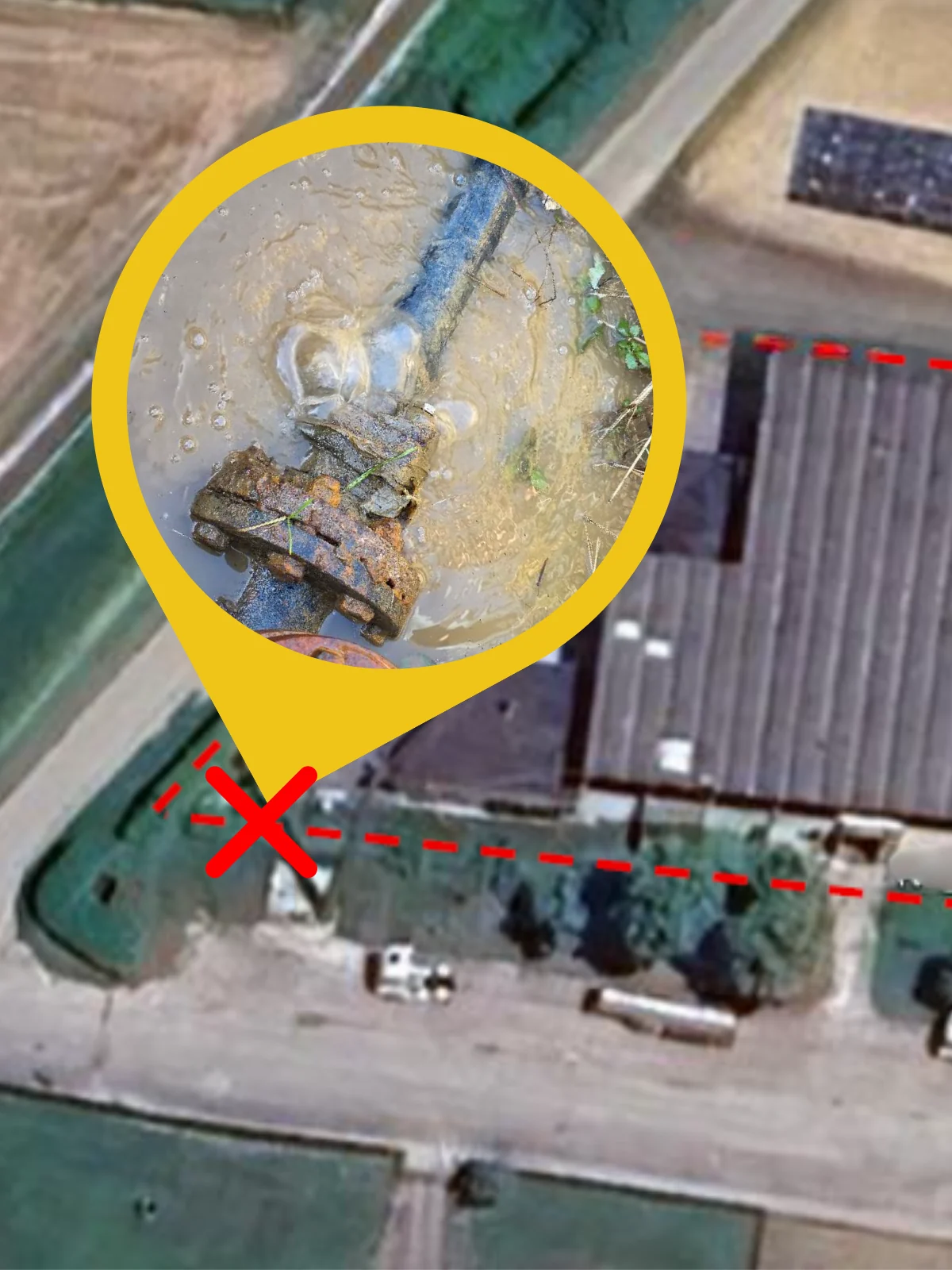 Vista dall'alto di un'area con una rete interrata: la linea tratteggiata segue il tracciato della tubazione e la croce segna il punto della perdita, mostrato nel dettaglio dentro il segnaposto.