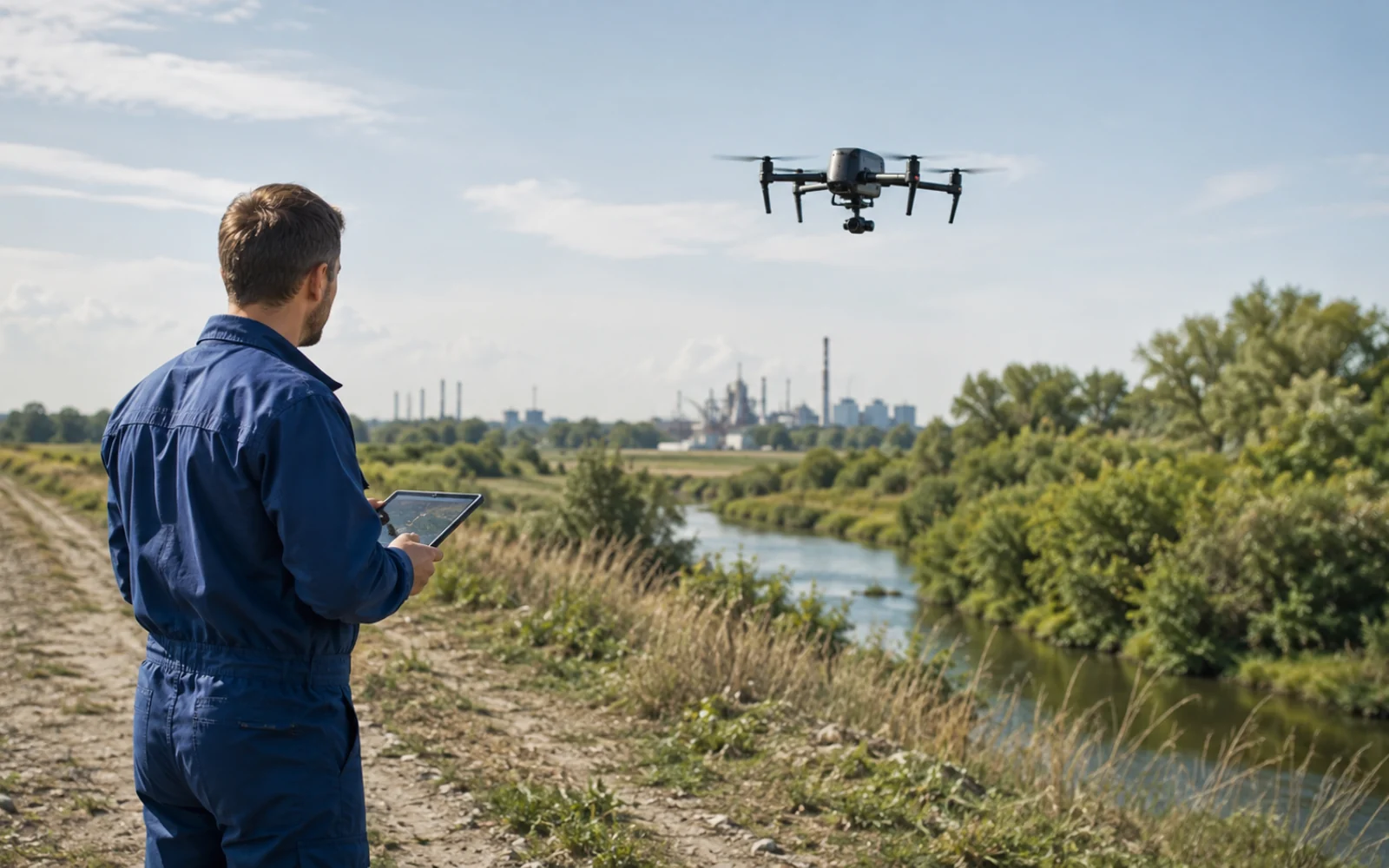 Tecnico che pilota un drone lungo la sponda di un fiume, con un impianto industriale sullo sfondo.