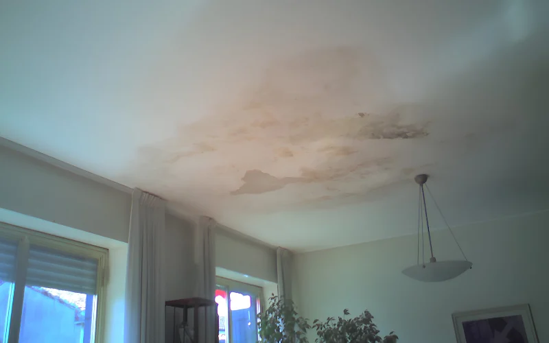 Ampia macchia di umidità sul soffitto di un soggiorno.