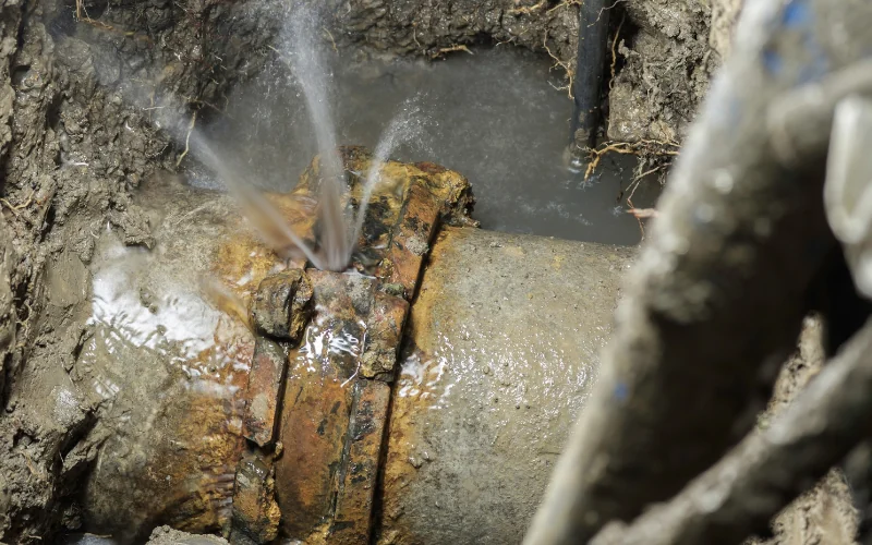 Tubazione interrata che perde, con il getto d'acqua visibile nello scavo.