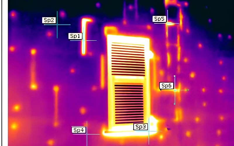 Termogramma di una parete con corpo scaldante e punti di misura della temperatura.