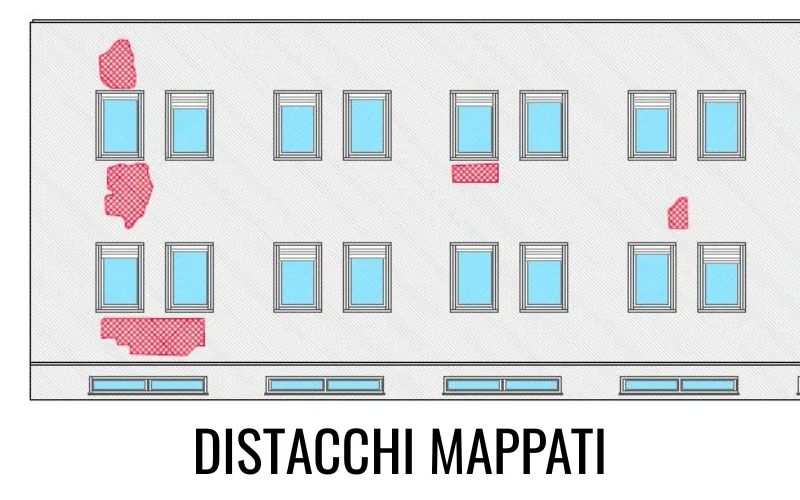 Schema di una facciata con le aree di distacco mappate in rosso.