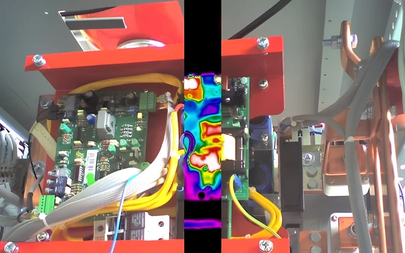 Scheda elettronica ripresa con la termocamera: componenti a temperature diverse.