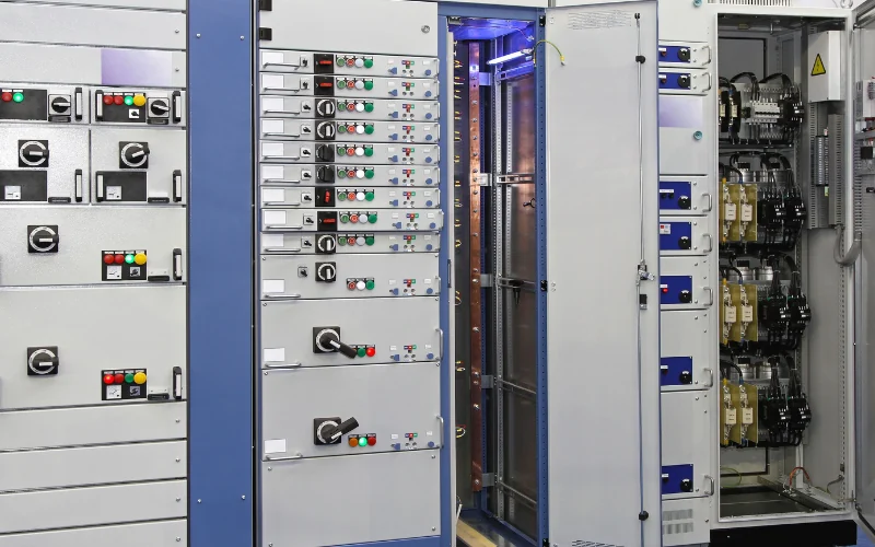 Quadro elettrico industriale aperto durante il controllo periodico.