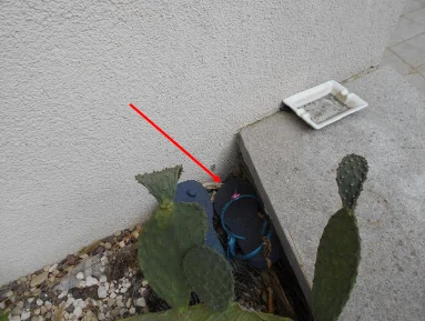 Attacco fra pavimentazione e parete a fianco di una aiuola, indicato dalla freccia.