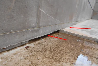 Linea di contatto fra muro e pavimentazione con ristagno, indicata dalle frecce.