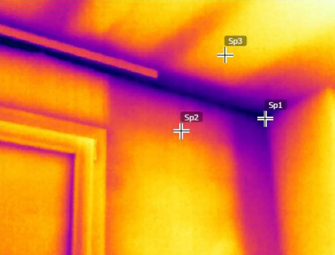 Termogramma di un angolo con pilastro: la zona strutturale risulta più fredda della parete.