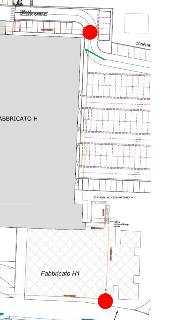 Planimetria dello stabilimento con evidenziati i due punti critici individuati sull'anello.