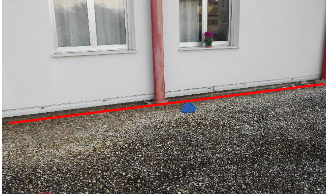 Perimetro della copertura lungo la parete dell'edificio, con la linea di raccordo segnata in rosso.