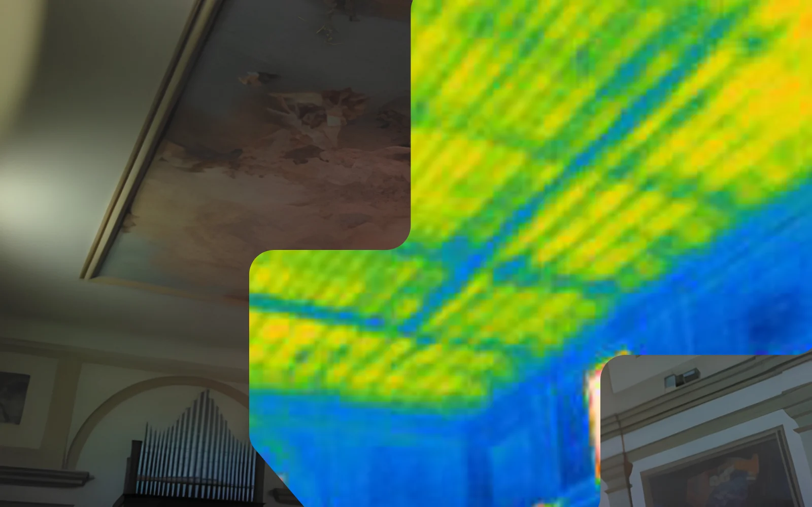 Rilievo termografico nell'interno di un edificio storico: sul termogramma sovrapposto alla volta affiorano la tessitura del muro e le zone in cui l'intonaco si stacca dal supporto.