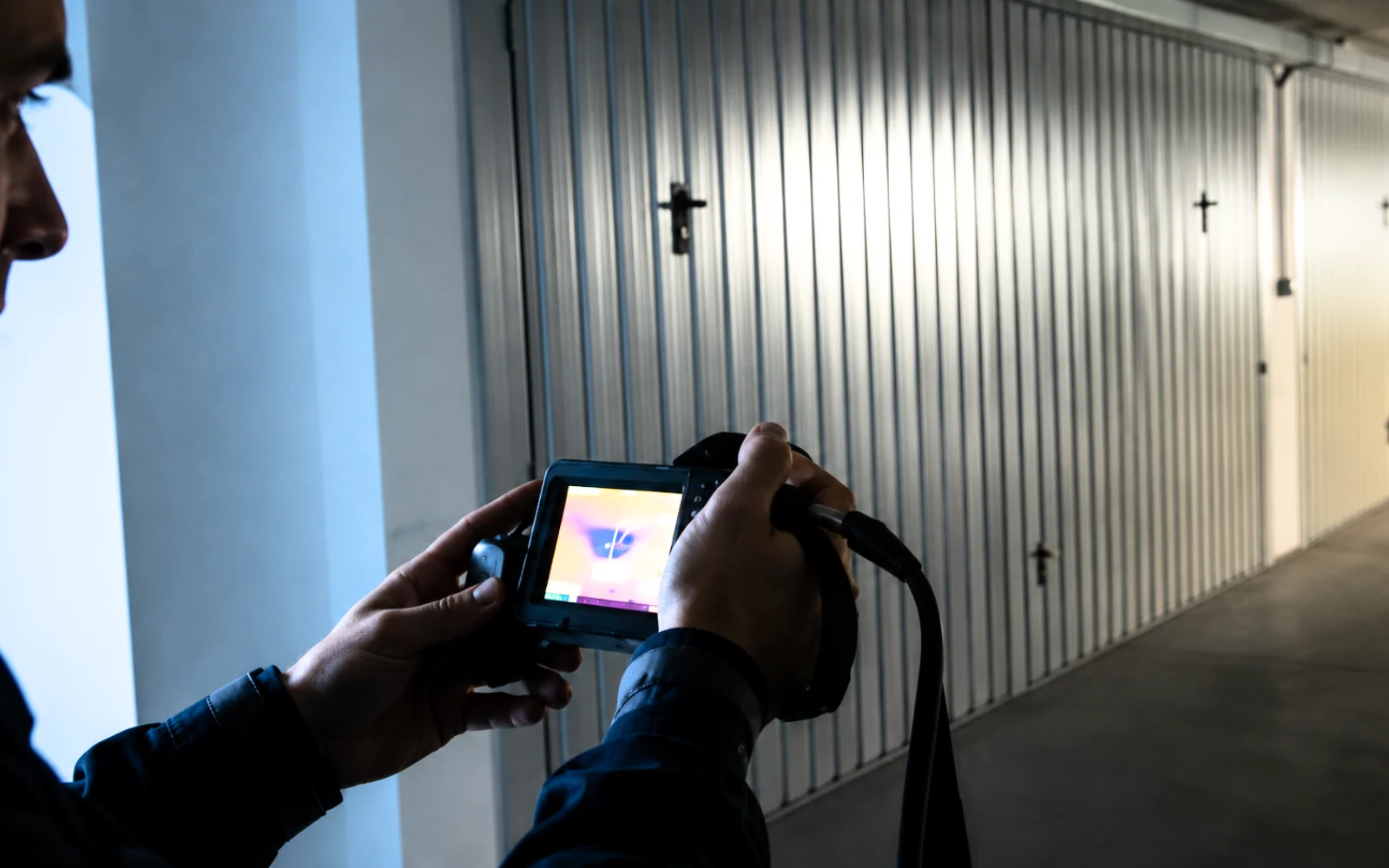 Rilievo termografico nel corridoio di un piano interrato: sullo schermo della termocamera una zona fredda si estende sopra la porta di un box, dove a occhio non si vede niente.