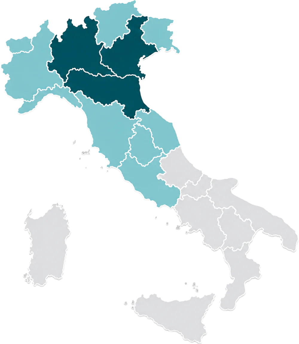 Mappa dell'Italia con le aree di intervento Multites: in blu scuro Veneto, Lombardia ed Emilia-Romagna come area principale, in blu chiaro il resto del Nord e il Centro Italia come area servita normalmente, in grigio le regioni fuori area ordinaria.