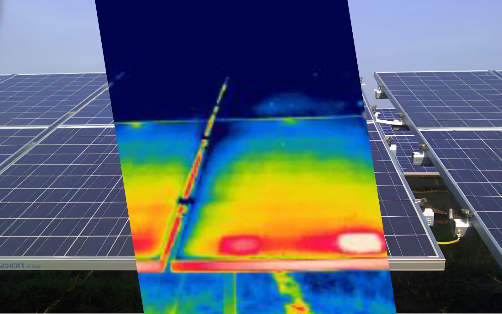 Termogramma sovrapposto a un campo fotovoltaico: su un modulo una fascia rossa e alcuni punti bianchi segnalano celle che scaldano piu' delle altre.