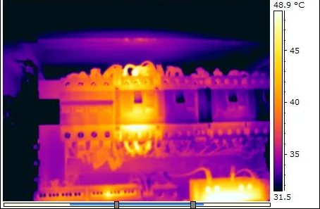 Termogramma di un quadro elettrico in esercizio: un gruppo di componenti al centro è nettamente più caldo del resto del quadro