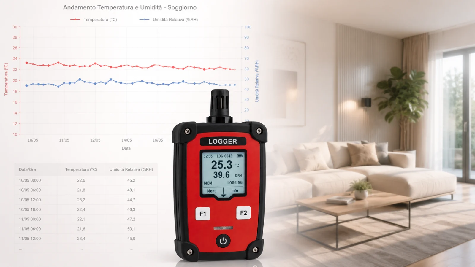 Datalogger in un ambiente domestico, con accanto il grafico dell'andamento di temperatura e umidita' registrato nel tempo.
