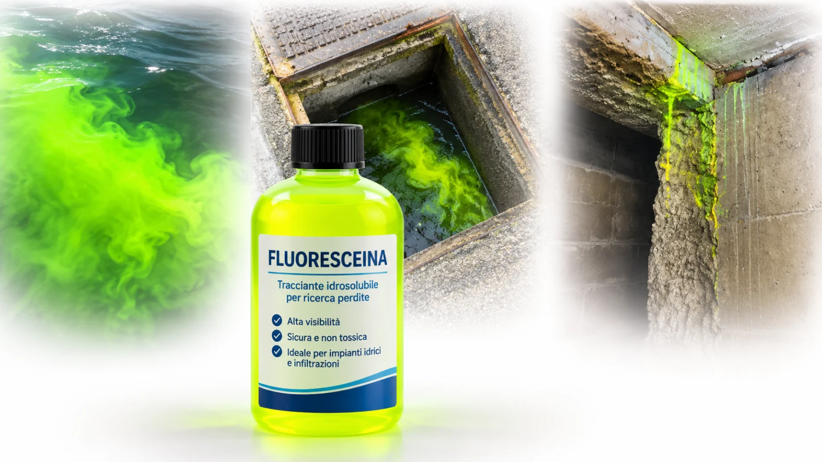 Tracciante fluorescente: il flacone al centro, e ai lati l'acqua colorata di verde intenso mentre esce da un pozzetto e scorre lungo una parete.