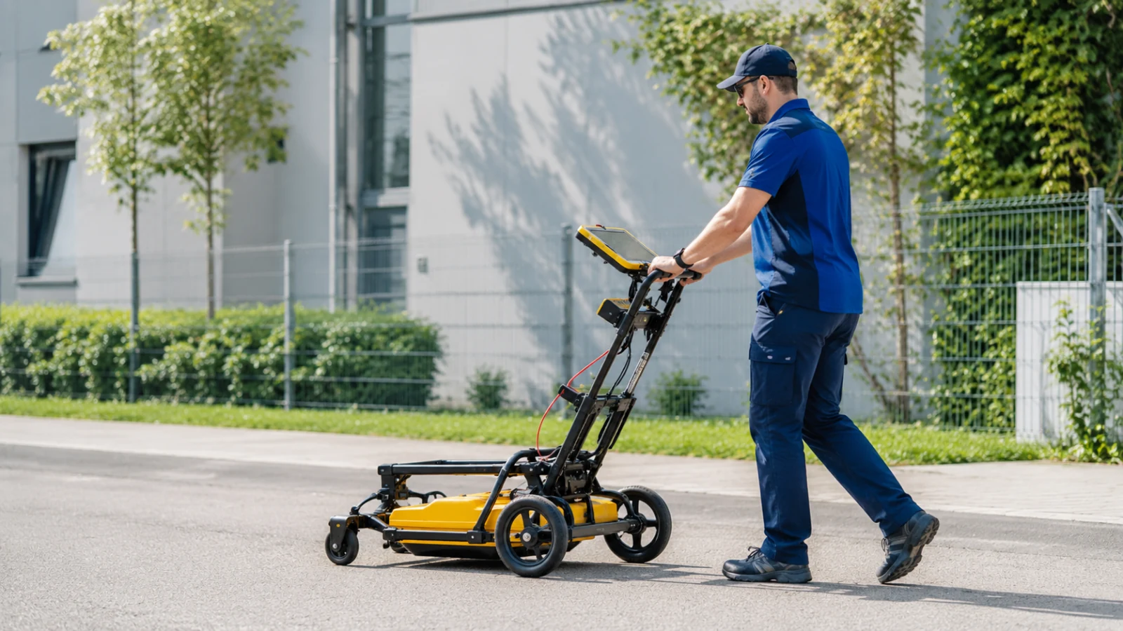 Carrello georadar spinto su una pavimentazione esterna per la scansione del sottosuolo.