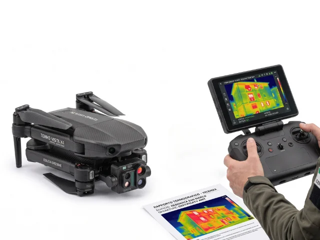 Drone con termocamera e radiocomando che mostra l'immagine termica ripresa dall'alto.