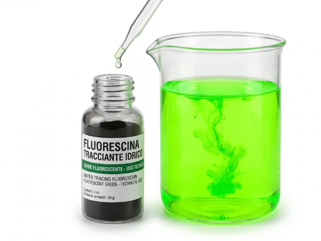Tracciante fluorescente versato in acqua, che assume un colore verde intenso.