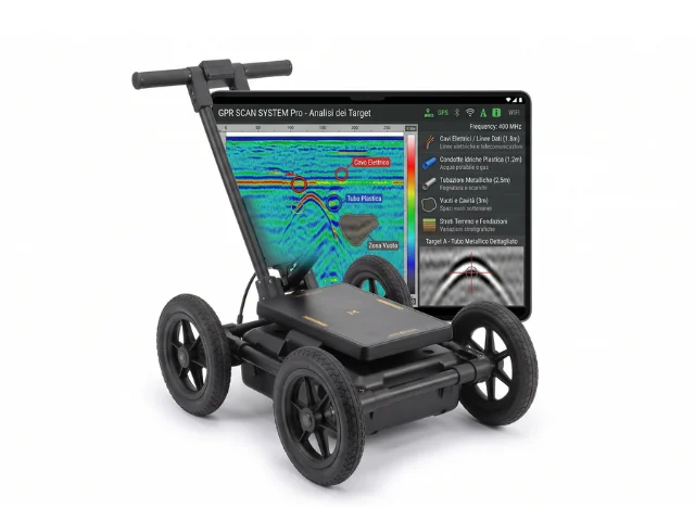 Carrello georadar con lo schermo che mostra la scansione del sottosuolo.
